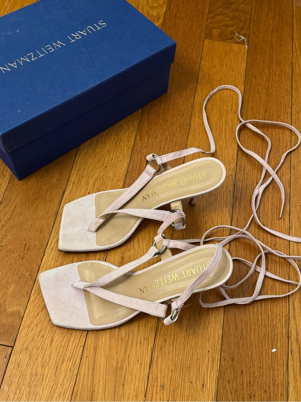 Stuart Weitzman Blush Lace-Up Square-Toe Kitten Heels